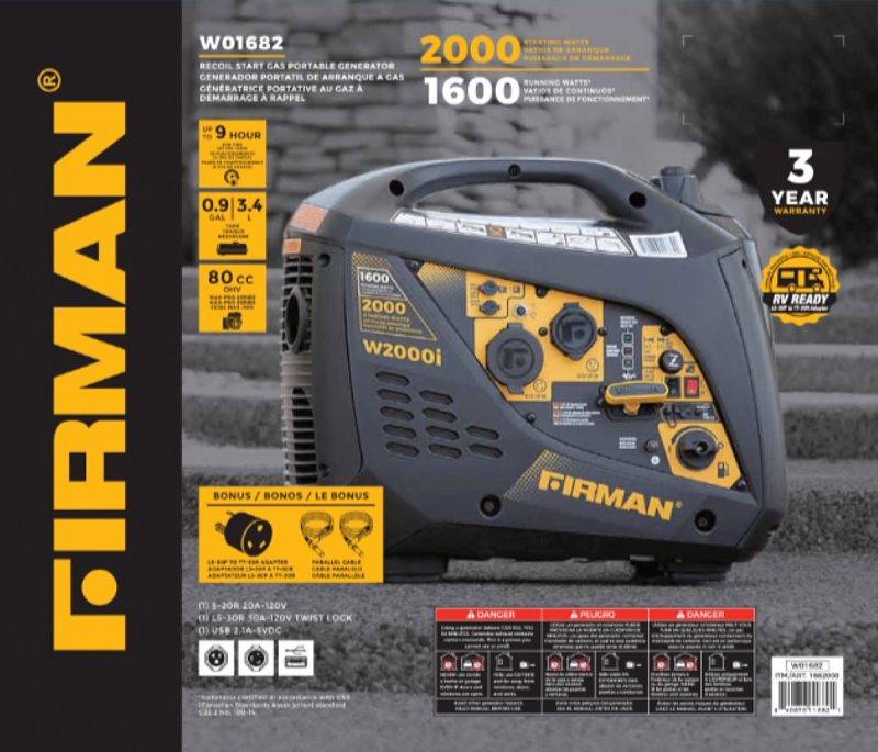 Firman Whisper W01682 Portable Inverter Generator, 20 to 30 A, 120 V, Gasoline, 0.9 gal Tank, 9 hr Run Time