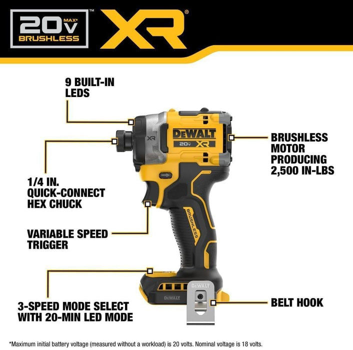 DEWALT DCF860B Cordless Impact Driver, Tool Only, 20 V, 1/4 in Drive, 4500 ipm, 3800 rpm Speed