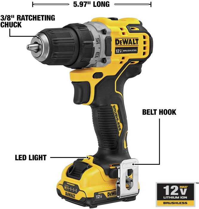 DEWALT 12V MAX* XTREME Cordless Brushless 3/8 in Drill Driver Kit (2) Lithium Ion Batteries with Charger