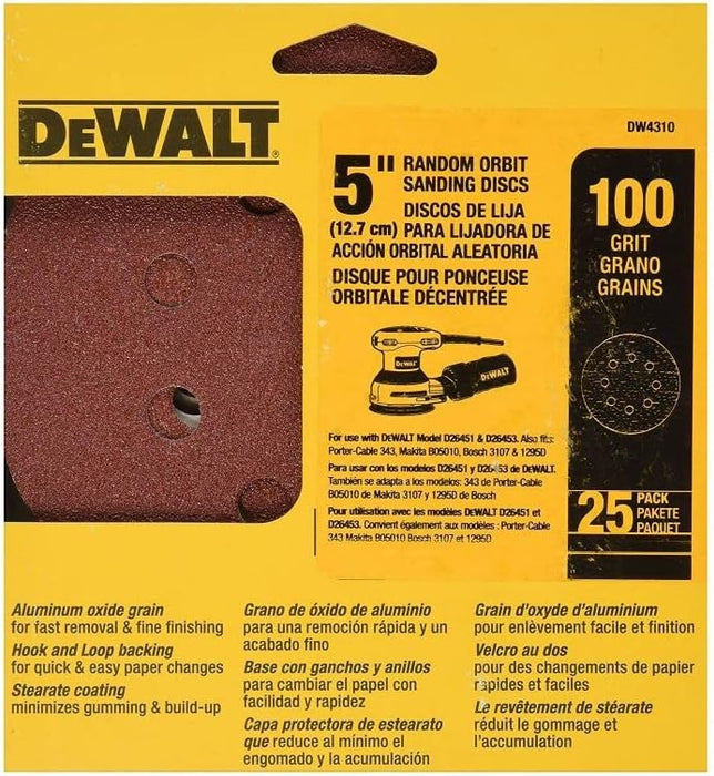 DEWALT 5-Inch 8 Hole 100 Grit Hook And Loop Random Orbit Sandpaper (25-Pack)