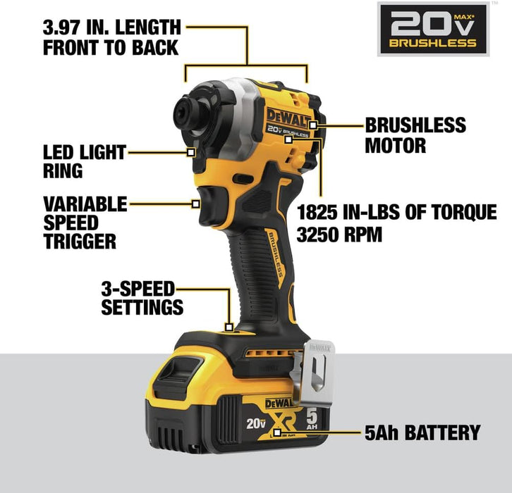 DEWALT Atomic 20V Max 1/4 In. Brushless Cordless 3-Speed Impact Driver Kit