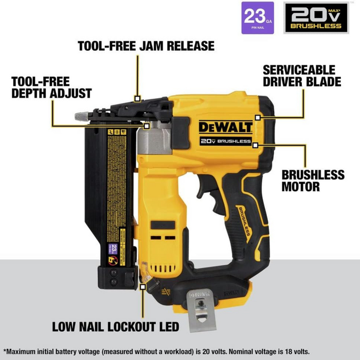 DEWALT ATOMIC Compact Series™ 20V MAX* Brushless Cordless 23 Ga. Pin Nailer (Tool Only)