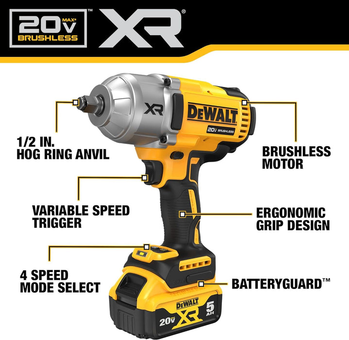 DEWALT 20V MAX* XR 1/2 in. High Torque Impact Wrench with Hog Ring Anvil with (1) 5.0 Ah Battery and Charger Kit