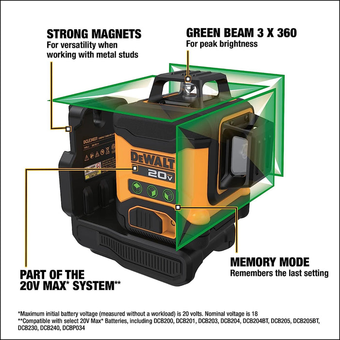 DeWALT DCLE34031D1 Line Laser Kit, 130 ft, +/-1/8 in Accuracy, 2 -Beam, 3 -Line, Green Laser