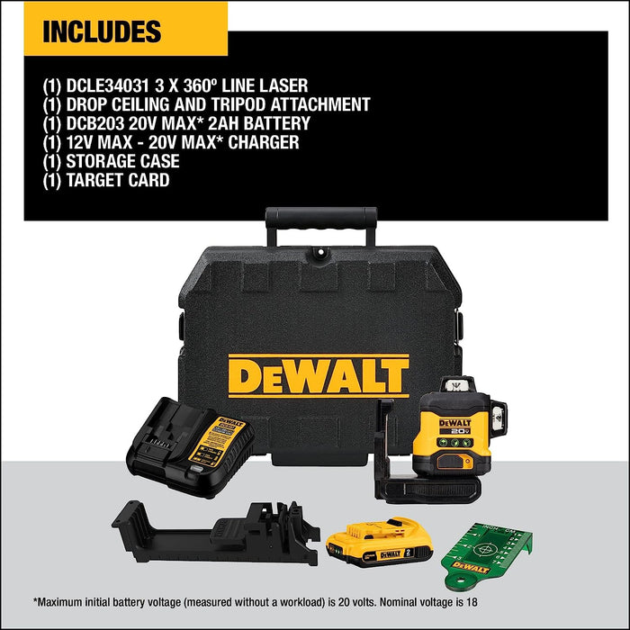 DeWALT DCLE34031D1 Line Laser Kit, 130 ft, +/-1/8 in Accuracy, 2 -Beam, 3 -Line, Green Laser