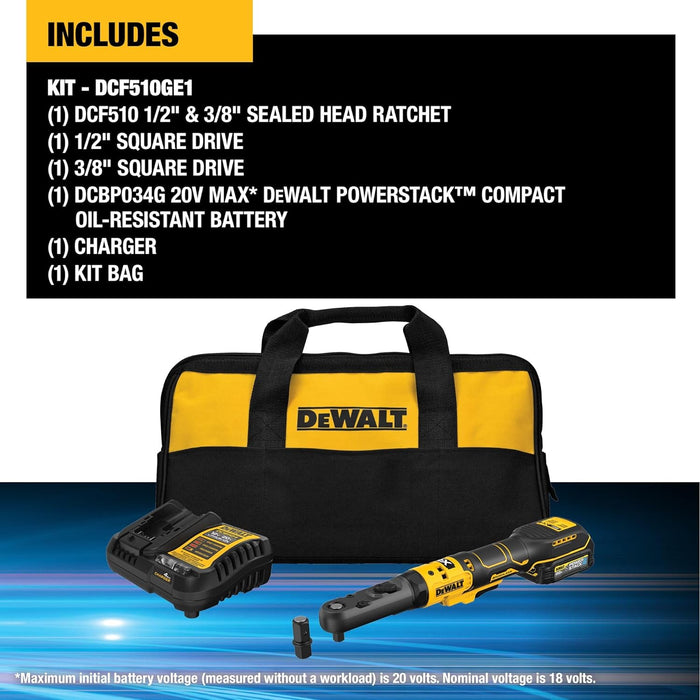 DEWALT 20V MAX* XR 3/8" and 1/2" Sealed Head Ratchet Kit with DEWALT POWERSTACK