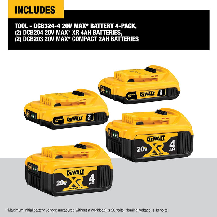 DEWALT 20V MAX Compact Lithium-Ion 2.0Ah Battery Pack (2 Pack) and 20V MAX XR Lithium-Ion 4.0Ah Battery Pack (2 Pack)