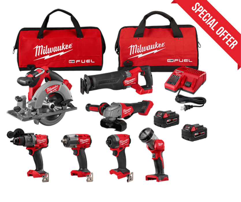 Milwaukee M18 FUEL 18V Lithium-Ion Brushless Cordless Combo Kit with Two 5.0 Ah Batteries, 1 Charger, 2 Tool Bags (7-Tool)