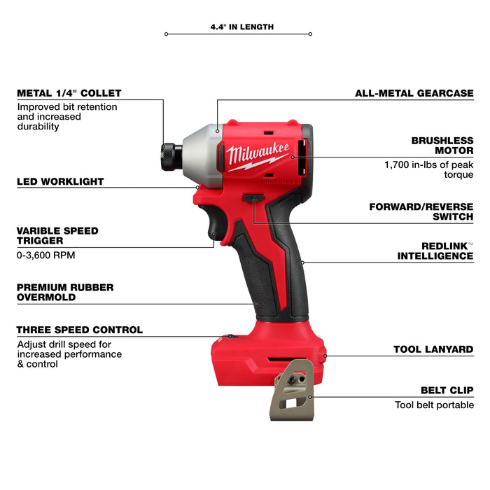 Milwaukee M18 18V Lithium-Ion Compact Brushless Cordless 1/4 in. Impact Driver (Tool-Only)