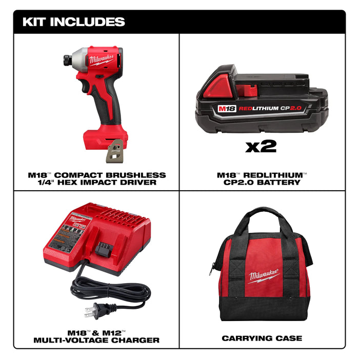 Milwaukee M18™ Compact Brushless 1/4" Hex Impact Driver Kit