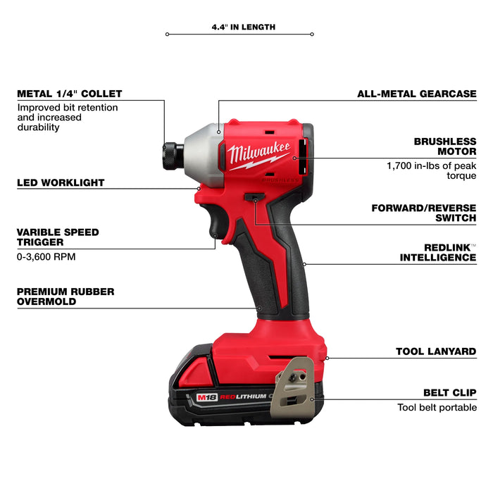 Milwaukee M18™ Compact Brushless 1/4" Hex Impact Driver Kit