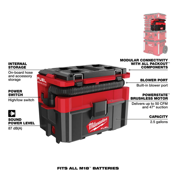 Milwaukee M18 FUEL PACKOUT 18-Volt Lithium-Ion Cordless 2.5 Gal. Wet/Dry Vacuum (Vacuum-Only)