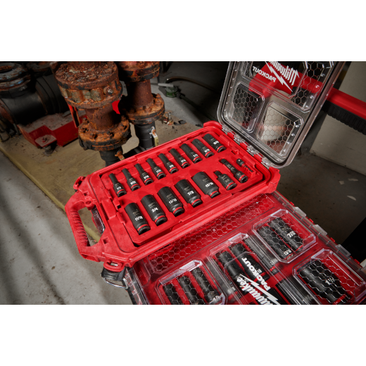 Milwaukee SHOCKWAVE Impact-Duty 3/8 in. Drive SAE Deep Well Impact PACKOUT Socket Set (17-Piece)