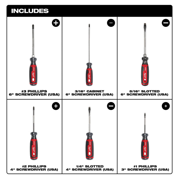 Milwaukee MT200-6 Screwdriver Set, 6-Piece, Boron-Infused Steel, Chrome, Multi-Color