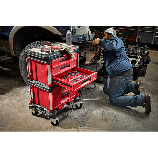 Milwaukee PACKOUT 48-22-8443 Tool Box, 50 lb, Polypropylene, Black/Red, 22.2 in L x 16.3 in W x 14.3 in H Outside