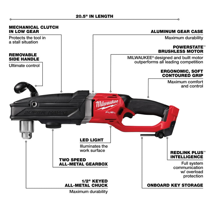 Milwaukee M18 FUEL 18V Lithium-Ion Brushless Cordless GEN 2 SUPER HAWG 1/2 in. Right Angle Drill (Tool-Only)