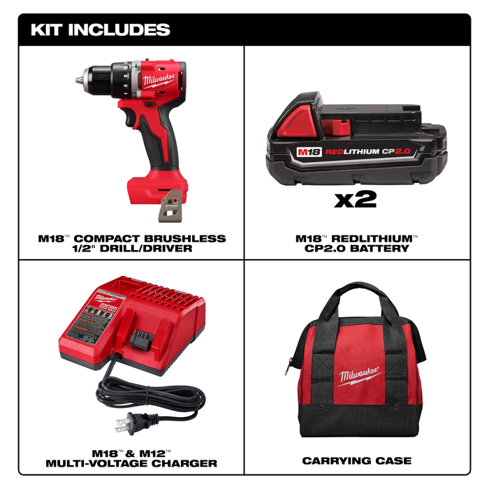 Milwaukee M18 18V Lithium-Ion Brushless Cordless 1/2 in. Compact Drill/Driver Kit with Two 2.0 Ah Batteries, Charger and Case