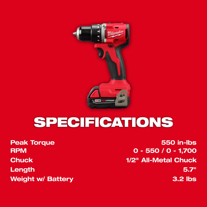 Milwaukee M18 18V Lithium-Ion Brushless Cordless 1/2 in. Compact Drill/Driver Kit with Two 2.0 Ah Batteries, Charger and Case