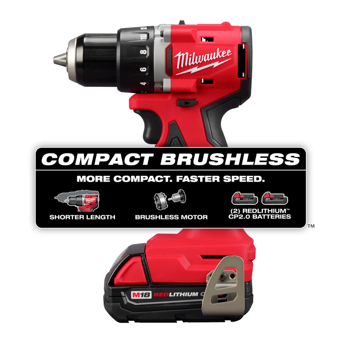 Milwaukee M18 18V Lithium-Ion Brushless Cordless 1/2 in. Compact Drill/Driver Kit with Two 2.0 Ah Batteries, Charger and Case