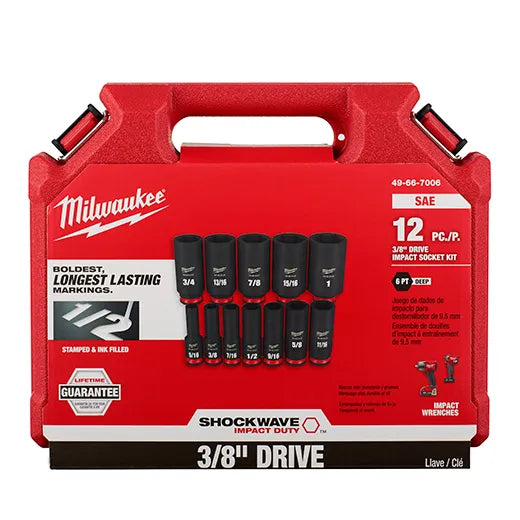 MILWAUKEE 12PC SHOCKWAVE Impact Duty™ 3/8" Drive SAE Deep 6 Point Socket Set