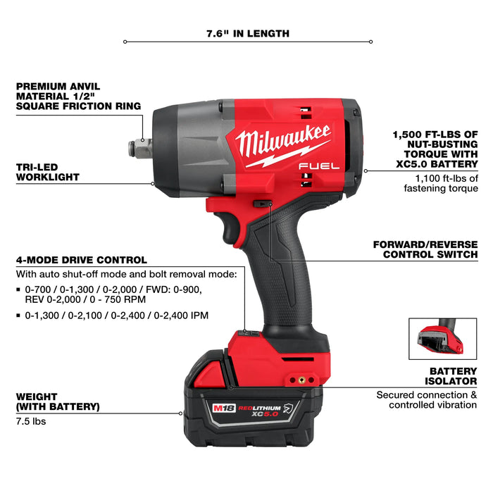 Milwaukee M18 FUEL 18V Lithium-Ion Brushless Cordless High-Torque 1/2 in. Impact Wrench w/Friction Ring Kit