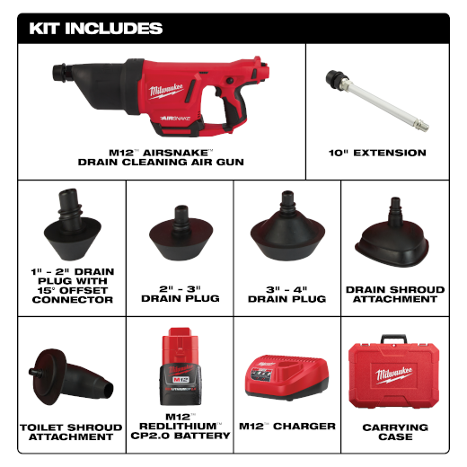 Milwaukee M12 12-Volt Lithium-Ion Cordless Drain Cleaning Airsnake Air Gun Kit with (1) 2.0Ah Battery, Toilet Attachments