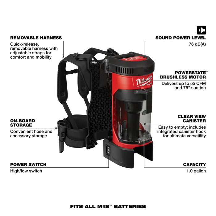 Milwaukee M18 FUEL 18-Volt Lithium-Ion Brushless 1 Gal. Cordless 3-in-1 Backpack Vacuum (Vacuum-Only)