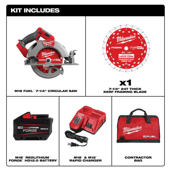 Milwaukee M18 FUEL 2834-21HD Circular Saw Kit, Battery Included, 18 V, 12 Ah, 7-1/4 in Dia Blade