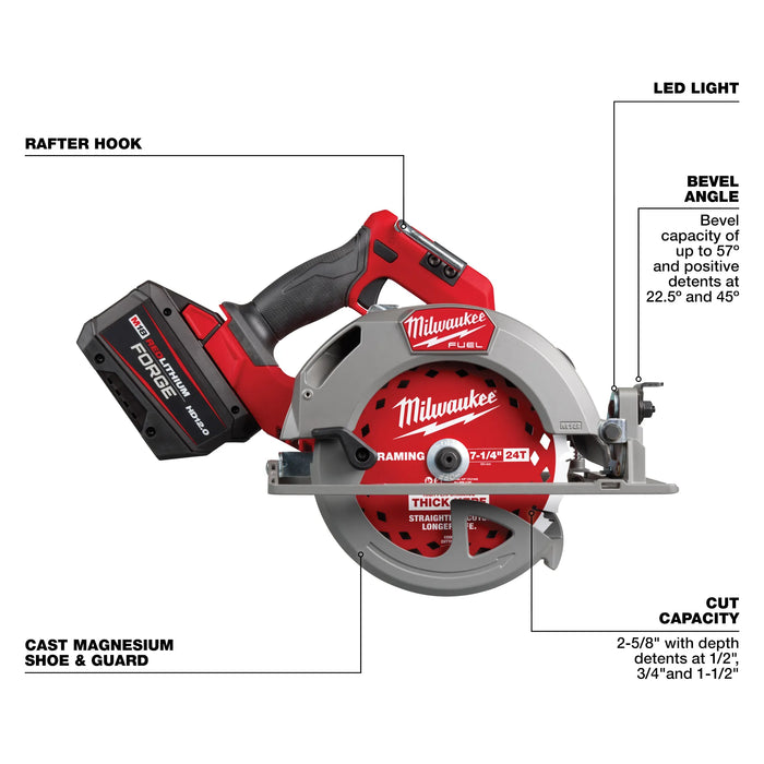 Milwaukee M18 FUEL 2834-21HD Circular Saw Kit, Battery Included, 18 V, 12 Ah, 7-1/4 in Dia Blade