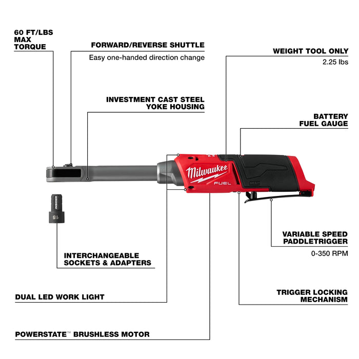 Milwaukee M12 FUEL INSIDER 12V Lithium-Ion Brushless Cordless 1/4 in. - 3/8 in. Extended Reach Box Ratchet (Tool-Only)