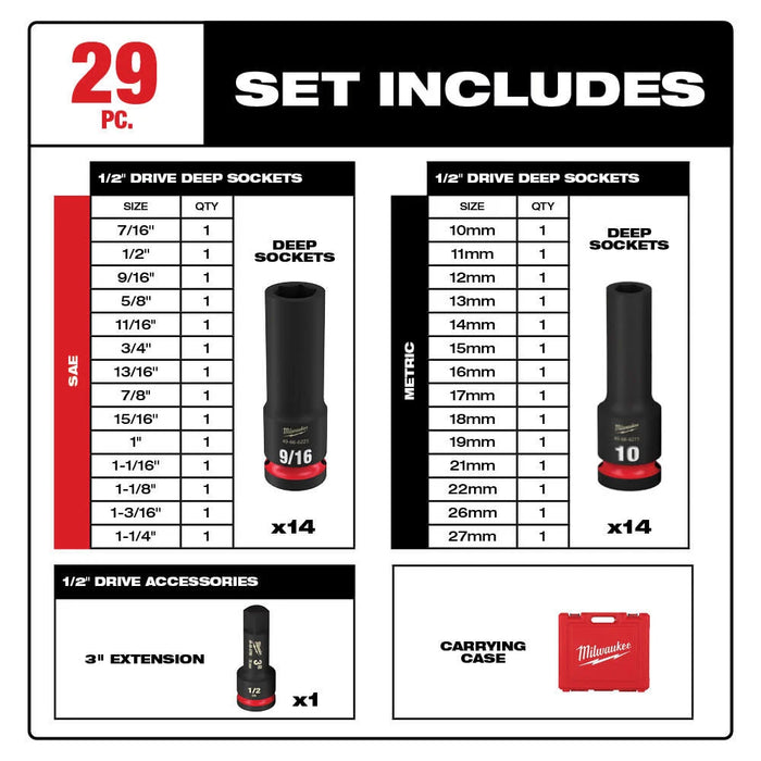 MILWAUKEE - 29PC SHOCKWAVE Impact Duty™ 1/2" Drive SAE & Metric Deep 6 Point Socket Set